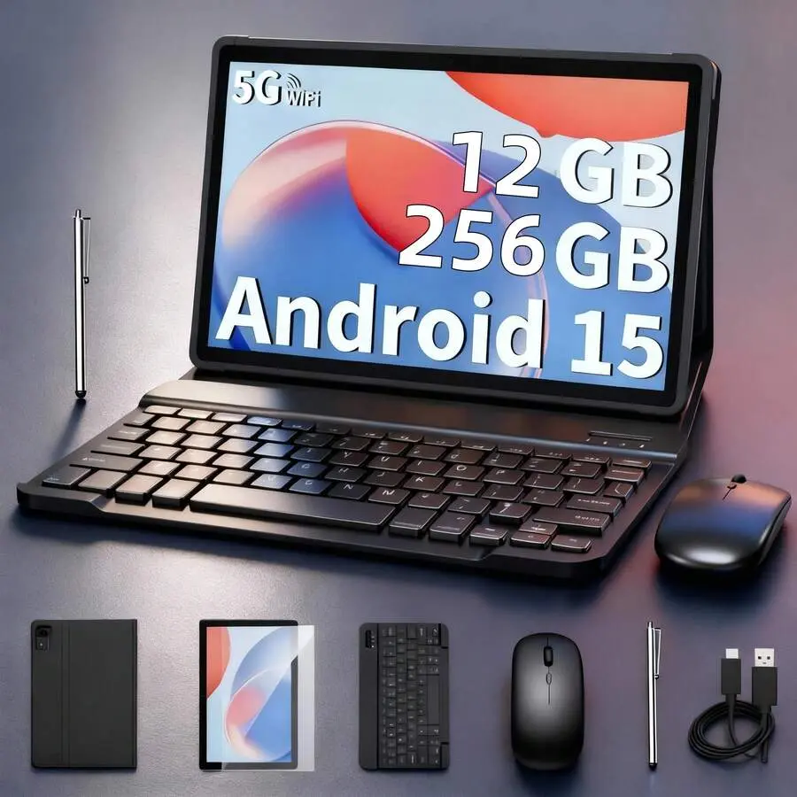 W&O 11-Inch 2-In-1 Android 15 Tablet PC with Keyboard, Mouse, Protective Case, Stylus - 12GB RAM, 256GB Memory, 1TB Expandable Card, 8+20MP Camera, 10000mAh Battery, HD 1280x800 IPS Screen, Wi-Fi 6