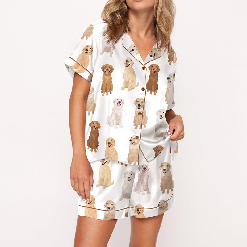 Puppies and Kitties Animals Pajama Set For Women Print Comfy Satin Sleepwear & Loungewear Pjs Printing Silky Short Sleeve Top & Shorts - SHESHOW