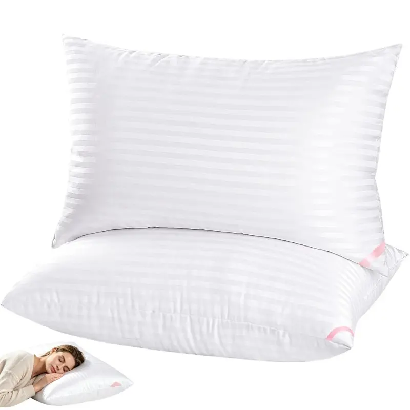 Premium Hotel Collection Striped Bed Pillows,Standard Rectangle Fluffy Filled Pillows with Pink Tag Corner, Smooth Fabric Bed Pillow Inserts for Bedroom Guest House Vacation Rental Bedding Supplies