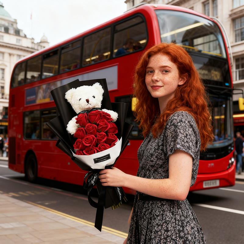 Boutique Rose Gift Box, 1 Set Artificial Rose Soap Flower Bear Cartoon Doll Bouquet Gift Box, Romantic Eternal Rose Bouquet, Deluxe Gift Box Set, Simulated Rose Desktop Bedroom, Unique Creative Gift for Birthday，christmas Gifts, Christmas Bouquets