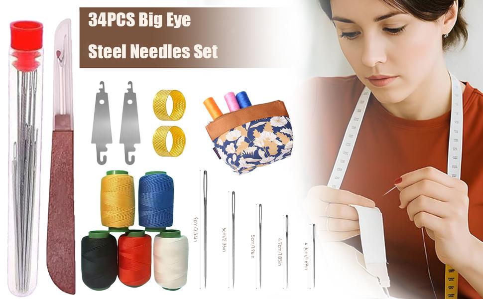 Large-Eye Steel Sewing Needle Set, Stainless Steel Hand Sewing Needles, Portable DIY Handcraft Kit, Suitable for Crafters (34-Piece Set)