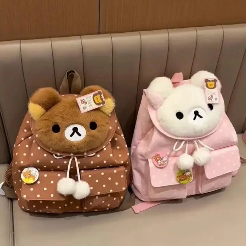 Rilakkuma Relaxed Bear Cartoonish Backpack - Unisex Large-Capacity Daily Use Schoolbag with Mini Bag Accessory