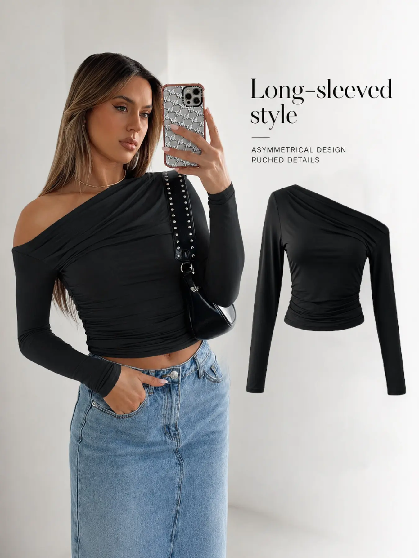 Autumn New Women's Slimming Fit Off-Shoulder Top, Womenswear, Asymmetrical Neckline, Wrinkled Hem, Ruched, Elegance, Elegant Long Sleeve T-Shirt, Casual One Shoulder Pullover