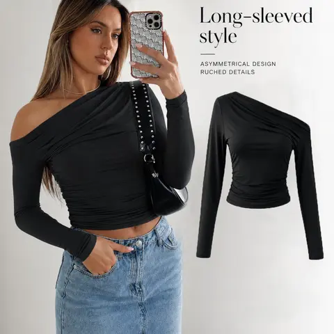 Autumn Winter New Women's Slimming Fit Off-Shoulder Top, Womenswear, Asymmetrical Neckline, Wrinkled Hem, Ruched, Elegant Long Sleeve T-Shirt, Casual One Shoulder Pullover