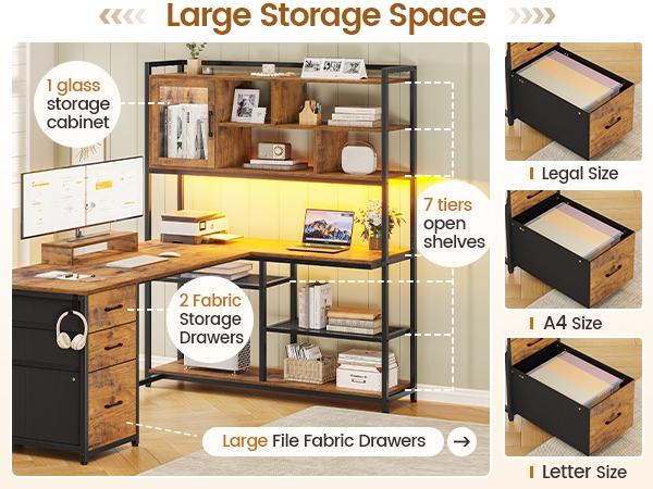 SEDETA 58-Inch L-Shaped Computer Desk with Storage, LED L-Shaped Gaming Desk with Storagefor Home Office Furniture Gaming