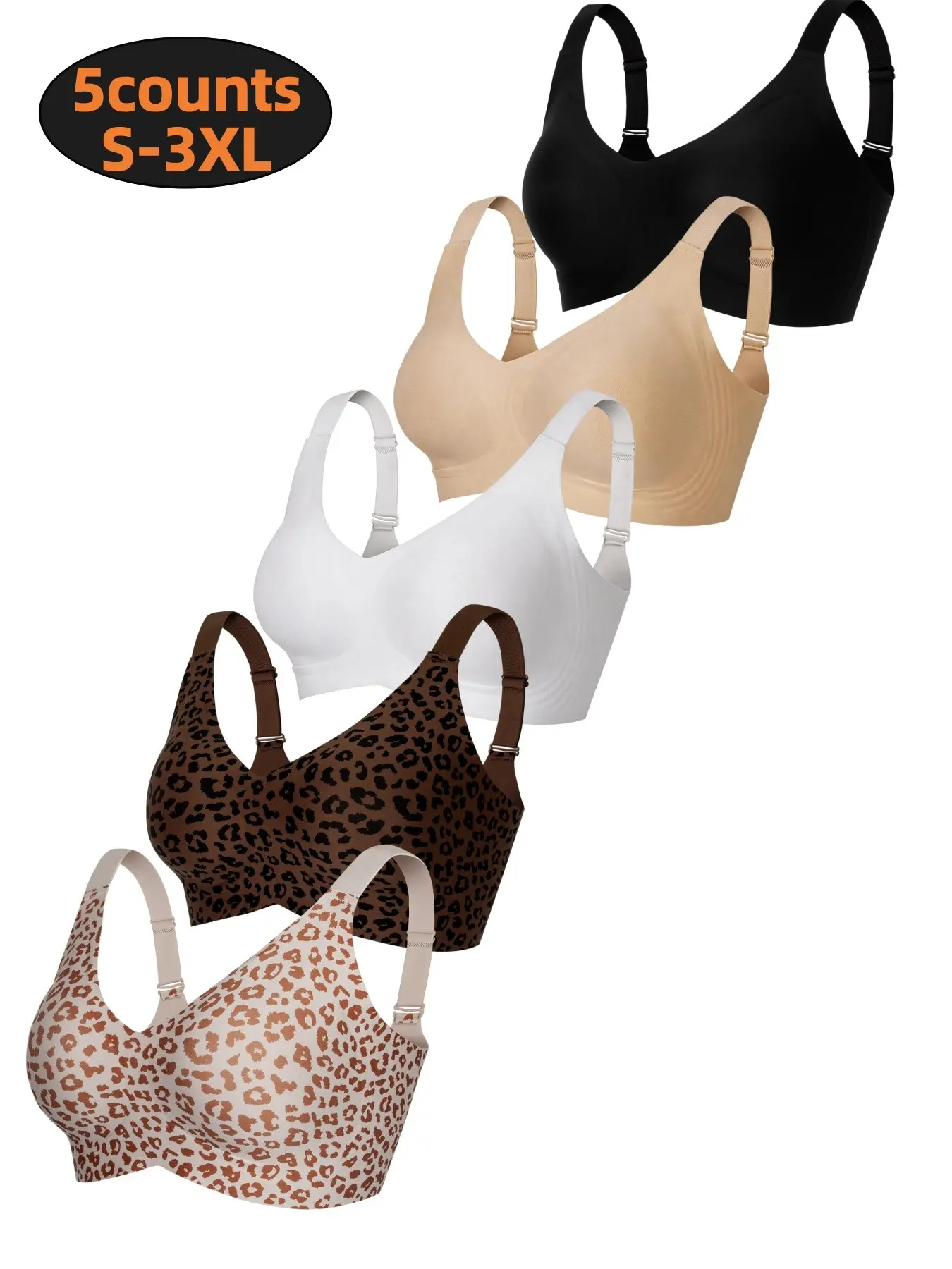 Five-Piece Women's Bra Set, Wireless Seamless, Wide Straps, Soft Comfortable Bras, Daily Wear, No Underwire, Pressure Relief