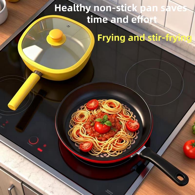 2-Piece Set (28cm Square Pan + 24cm Frying Pan) Ceramic Non-Stick Square Pan Household Gas Stove Wok Flat Bottom Stir-Fry Pan Induction Cooker Non-Stick Flat Bottom Stir-Fry Pan Kitchen Cookware Frying Pan Induction Cooker Gas Stove Universal Wok