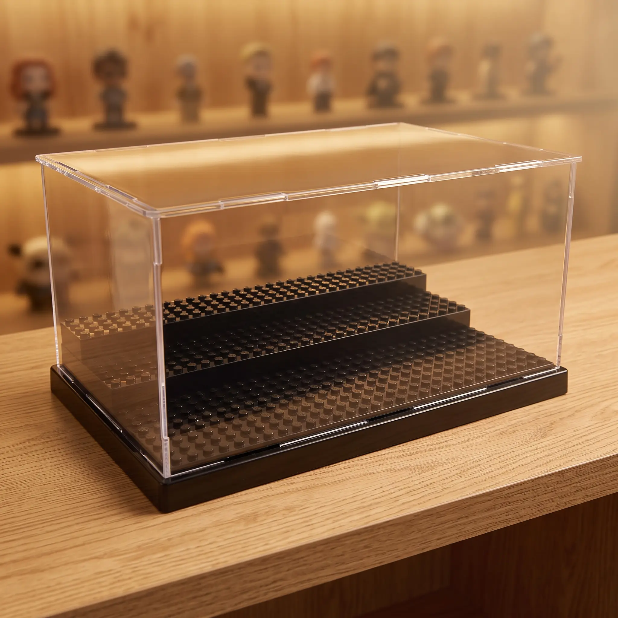 Black Transparent Dust-Proof Minifigure Exhibition Display Case - 1 Pack, No Glue Required, Easy Assembly, Portable, 3-Tier Step Design, Holds Up to 35 Minifigures, Storage for Action Figures & Building Blocks, Ideal for LEGO Lovers