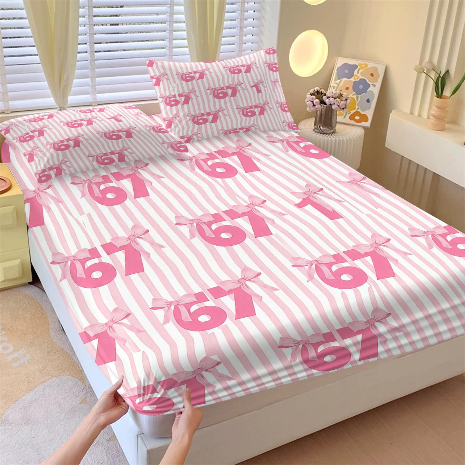 Girly-Style 67 Number Meme Limited Fitted Sheet Set (2 Pillowcases Included) | Soft & Comfortable, Creative Trendy Gift, Home Personality Highlight Bedsheet Sets