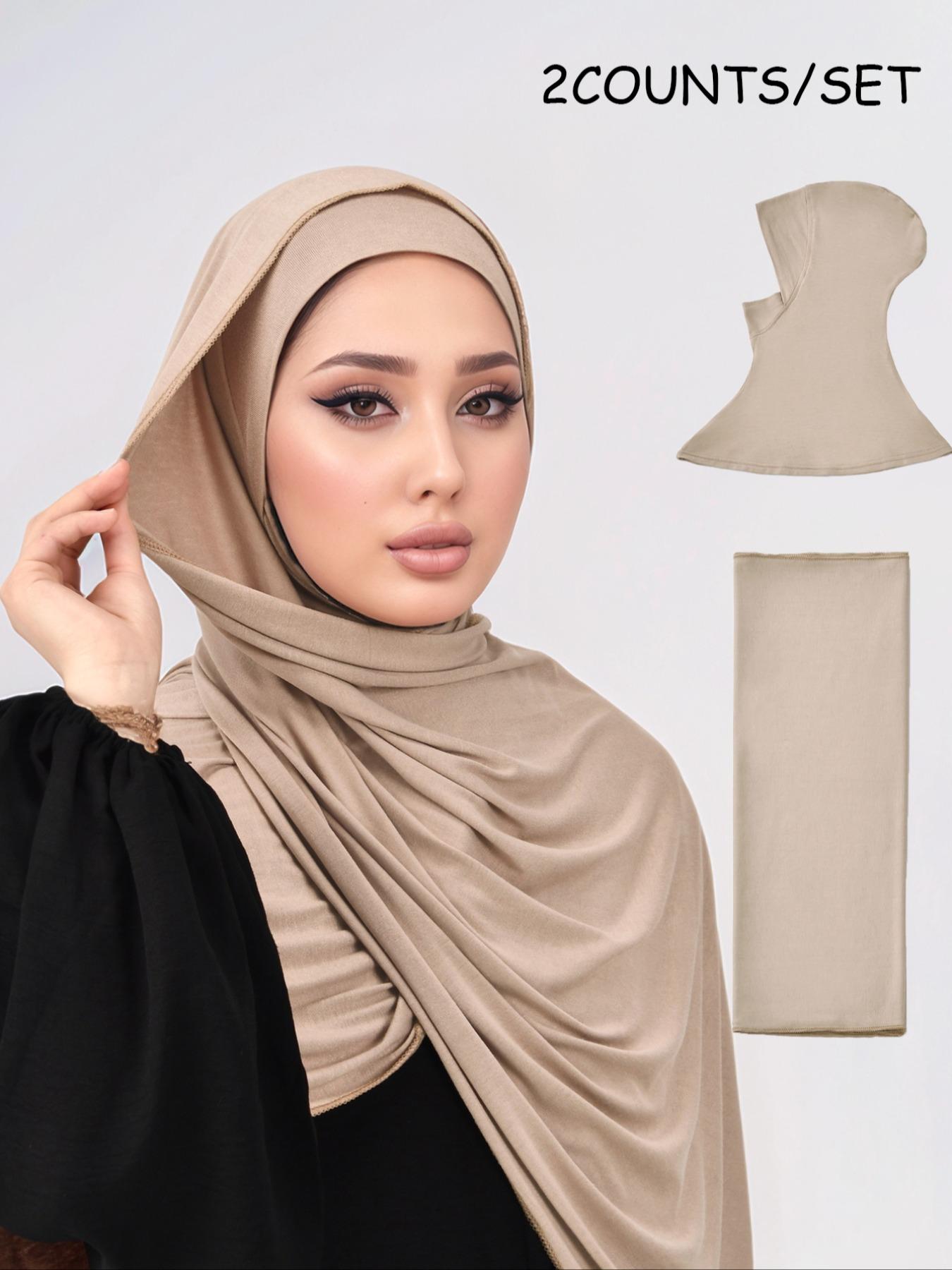 Women's Classic Plain Color Elegant Casual Chin Cover Hat + Silk Cotton, High-End Modal Knit Headscarf, Suitable for Daily Use, Outdoors, Parties, Turban Hijab
