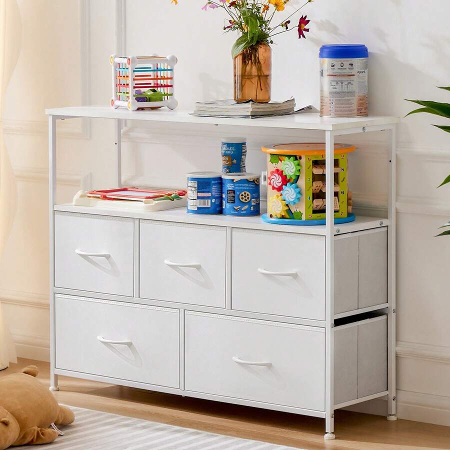 5 Fabric Drawers TV Stand Entertainment Center, Steel Frame with Open Shelf, Wood Top, Perfect for Bedroom/Entryway TV Storage & Organizing