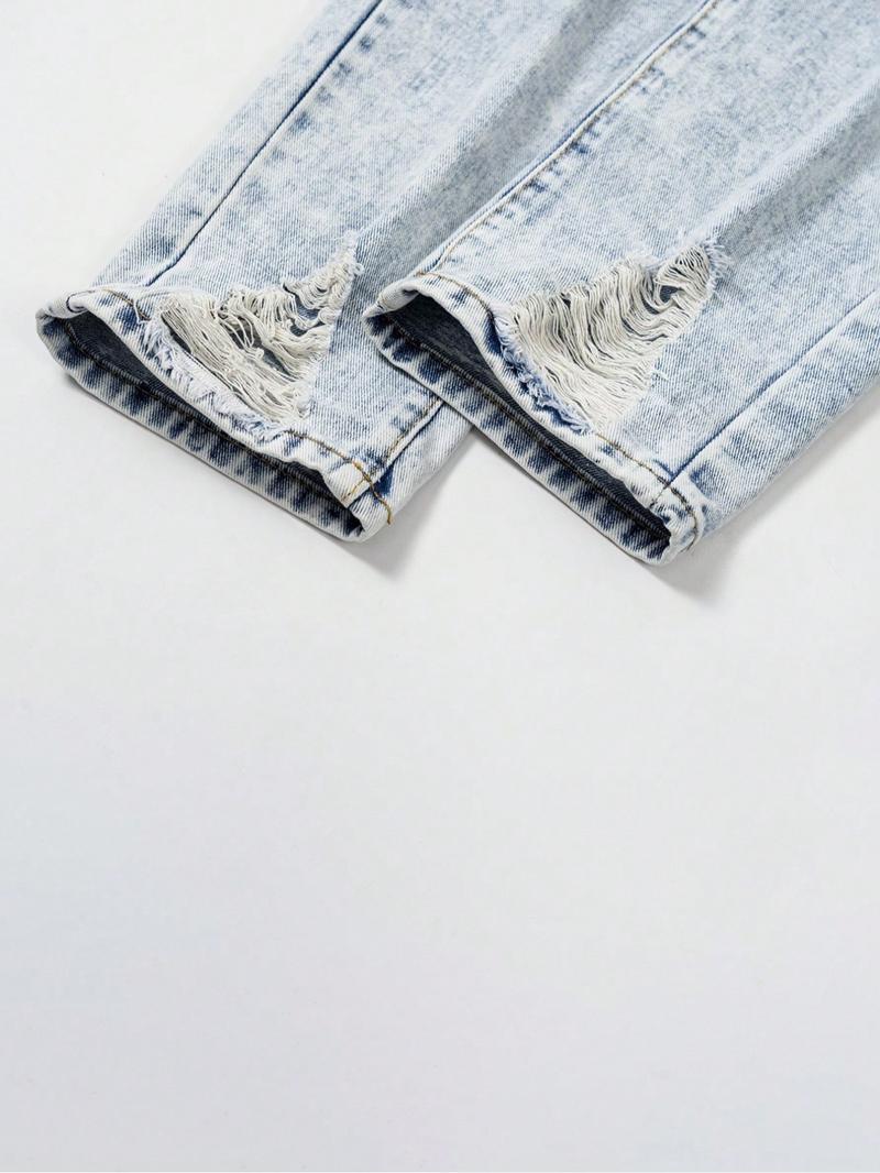 Men's Casual Fashion Ripped Straight-Leg Slim-Fit Jeans. Washed Light Blue Stacked Denim Pants, Comfortable Fabric Suitable for All Seasons, Perfect for Men's Daily Casual Wear.