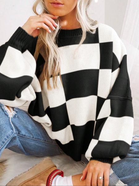 Plus Size Plaid Drop-Shoulder Sweater, Casual Long-Sleeve Knitwear for Fall & Winter, Loose-Fitting Round Neck Pullover for Women
