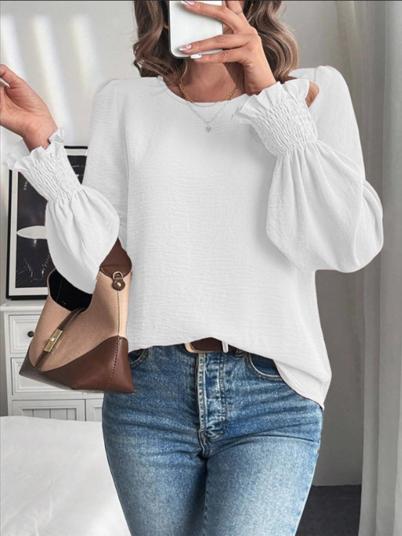 Women's Plain Blouse, Casual Round Neck Top for Spring & Fall, Women's Clothing for Daily Wear