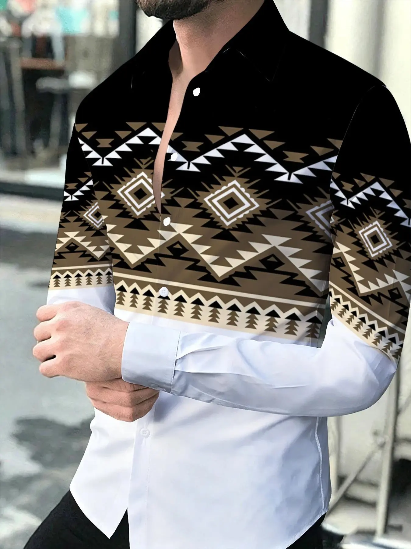 Men's Long Sleeve Shirt Ethnic Style Geometric Pattern Patchwork Lapel Casual TopV, Casual Trendy Shirt, Suitable for leisure and sports scenarios