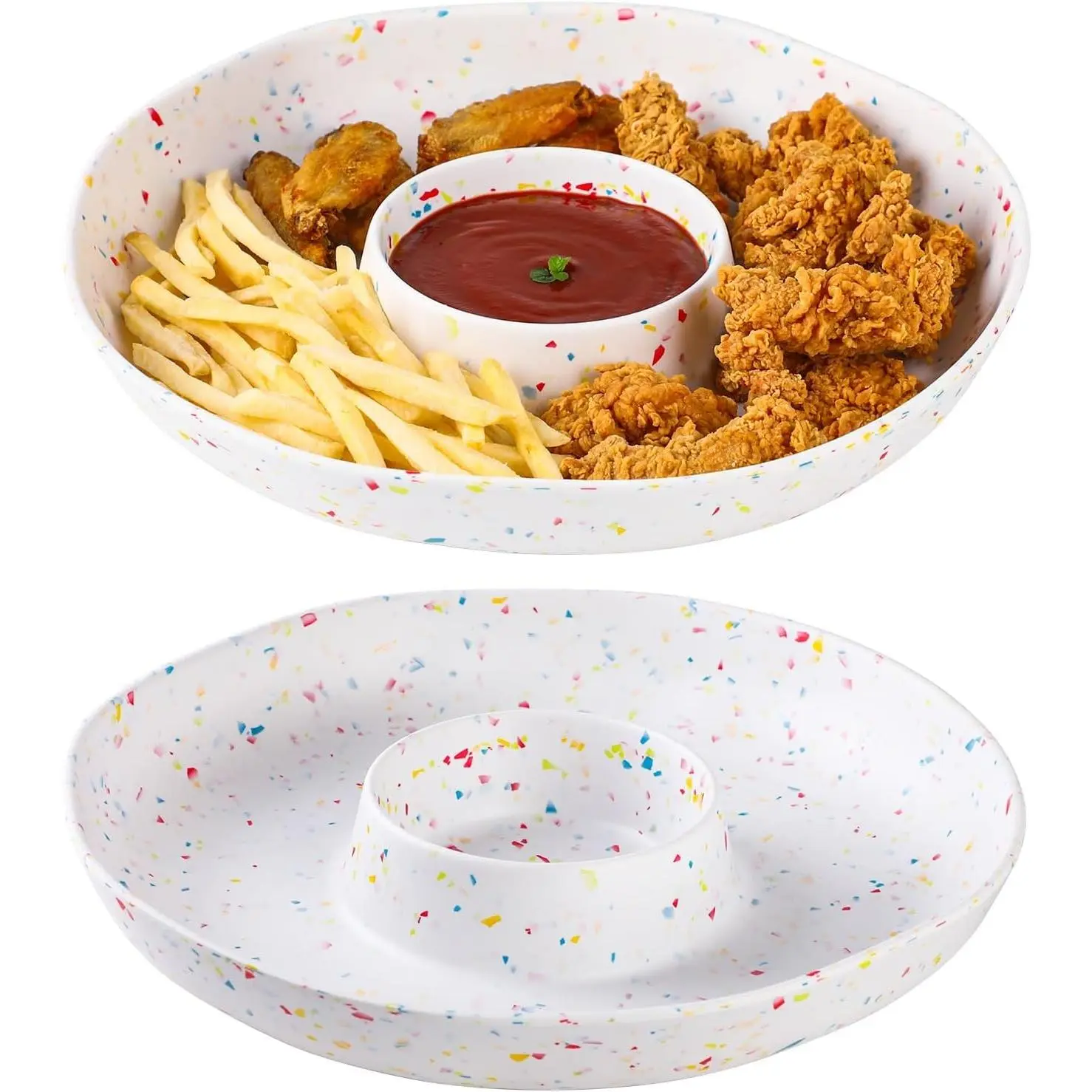 Set of 2 13 Inch Melamine Chip & Dip Serving Platter, Lightweight Unbreakable Divided Relish Tray for Appetizers Snacks Veggies Candy, Elegant White Confetti Design