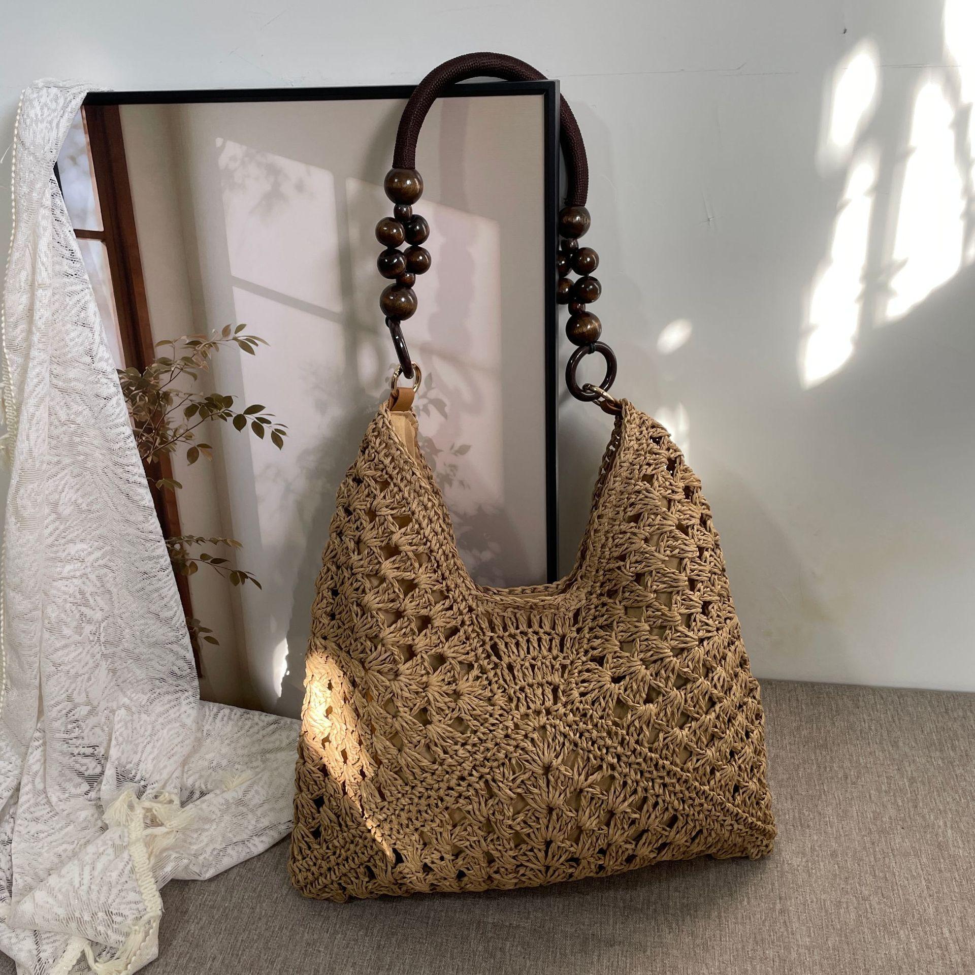 Women's Handmade Paper Rope Crochet Straw Shoulder Bag, PU Material With Adjustable Strap, Cold Wash Compatible Woven Handbag, Summer Accessory For Beach Vacation Casual Outfit Styling Use