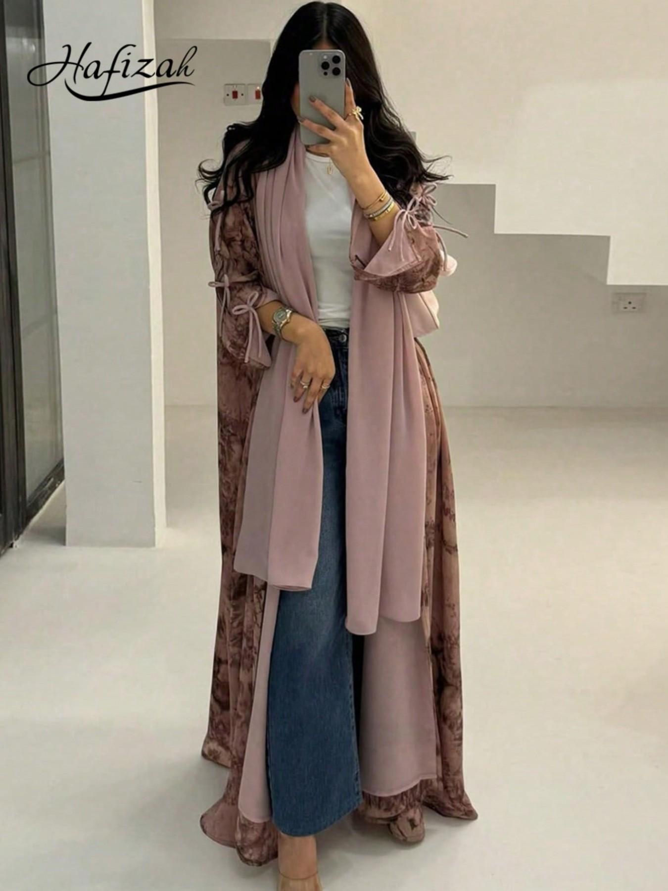 Vintage All Over Print Floral Bow Decor Long Outerwear and Solid Color Scarf Set, Lightweight Chiffon Fabric, Aesthetic Casual Women's Two-Piece Set for All Seasons