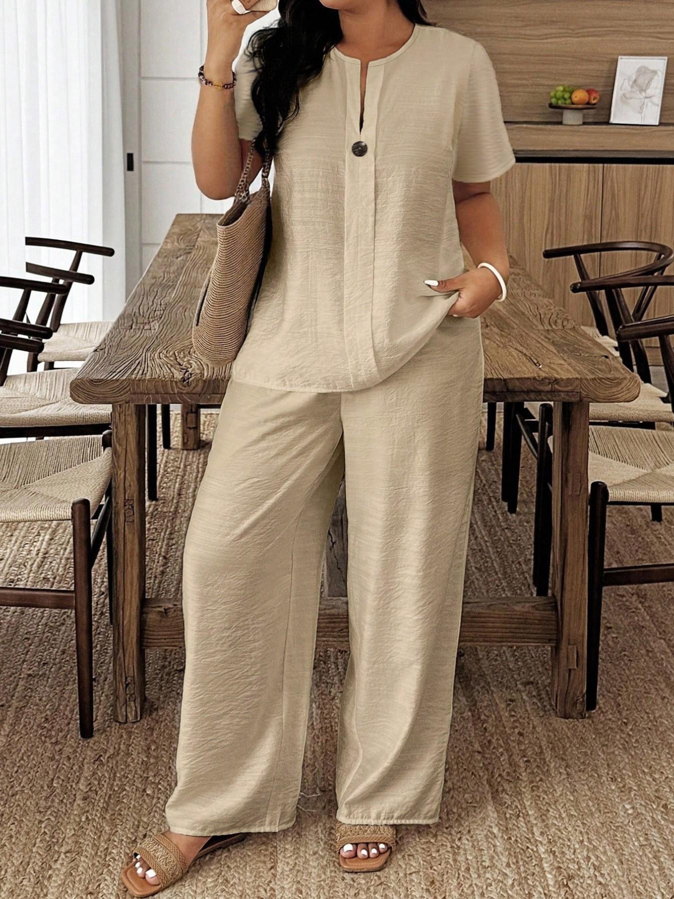 Summer New Plus Size Women's Casual Long Sleeve Shirt & Loose Pants Set, Perfect for Vacation
