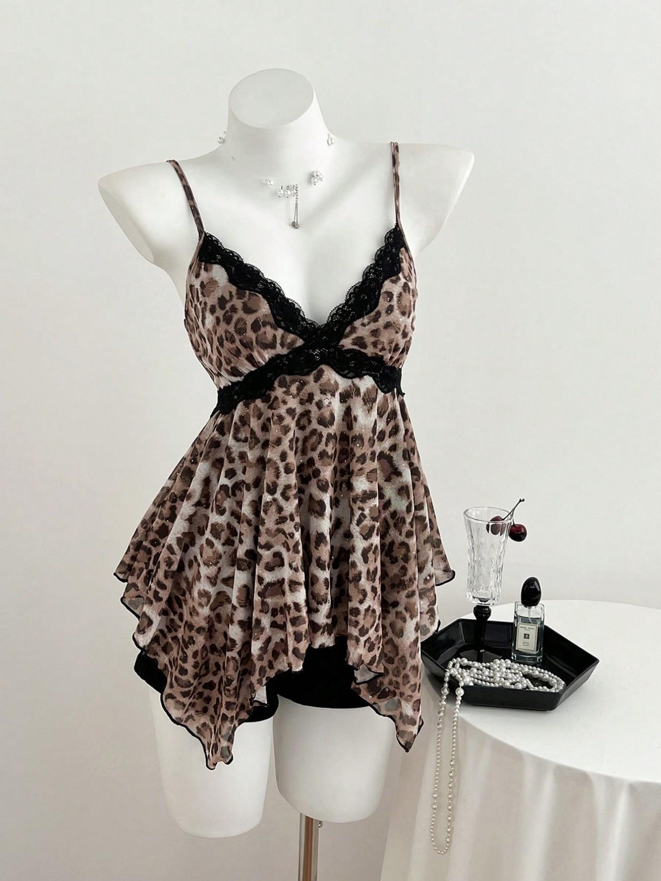 Summer New Mesh Cami Top, Fashion Y2K Style Asymmetric Hem Leopard Lace Trim, Casual Women's Backless Vest, Boho Slim Fit