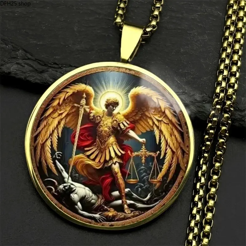 Archangel Pendant Necklace for Men, Stainless Steel Chain With Angel Guardian Artwork Design, Vintage Religious Inspired Jewelry Accessory for Daily Wear, Casual Outfits and Gifts