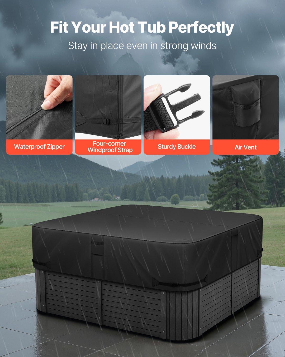 VEVOR Outdoor Hot Tub Cover, 80x 80x 20 Inch Weatherproof and Waterproof Hot Tub Cover Protector, 600D Heavy Duty Oxford Fabric and 950N Tearing Strength, Square Spa Covers for Hottub, Black