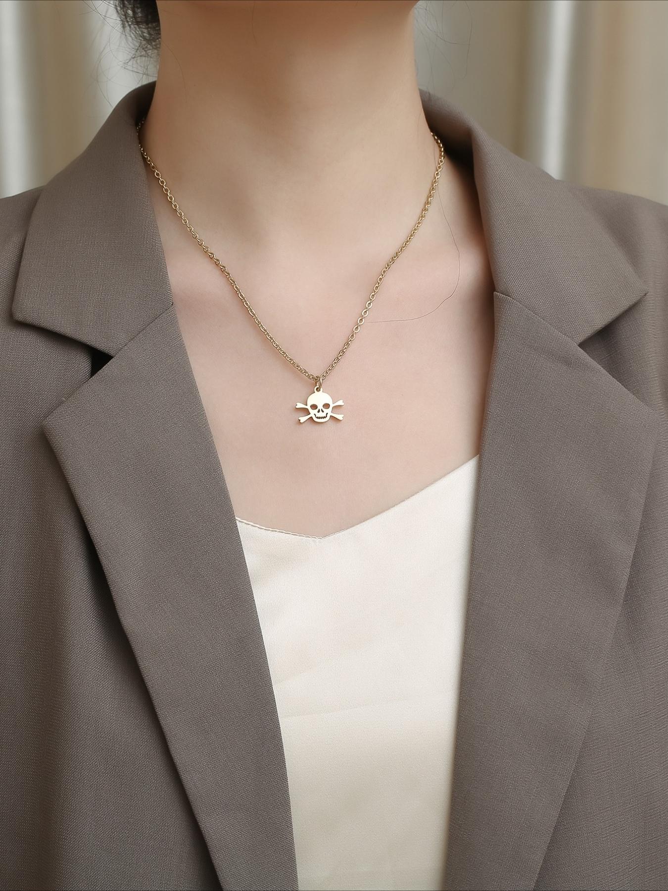 Halloween Skeleton Pendant Necklace, Creative Stainless Steel Necklace, Festival Accessories, Halloween, Punk Style Necklace