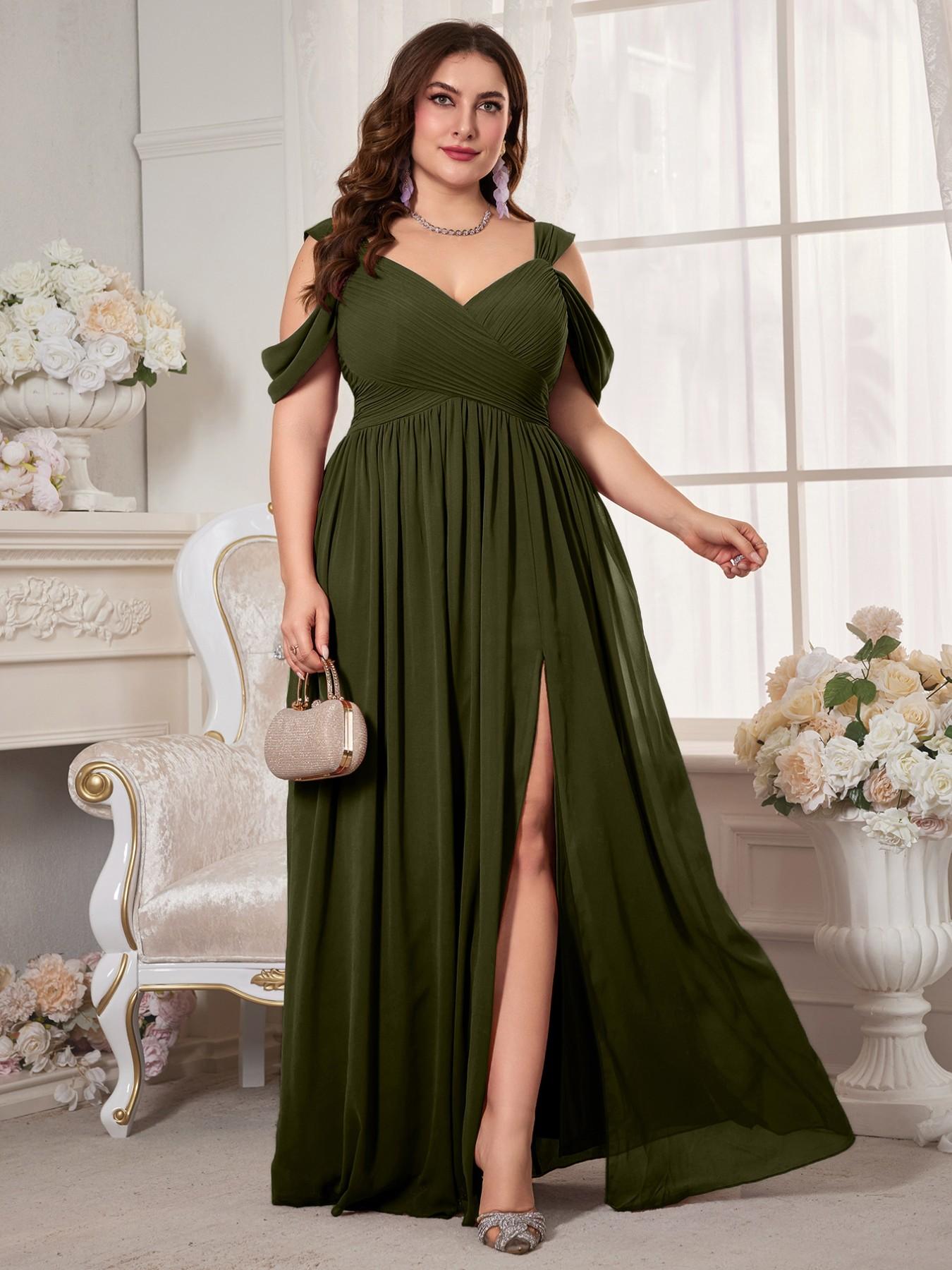 Plus Size Women's V-Neck Backless Waist Cinch Pleated High Split Skirt Maxi Dress, Elegant Chic Lightweight Chiffon Bridesmaid Party Formal Evening Gown, Pleated Dresses