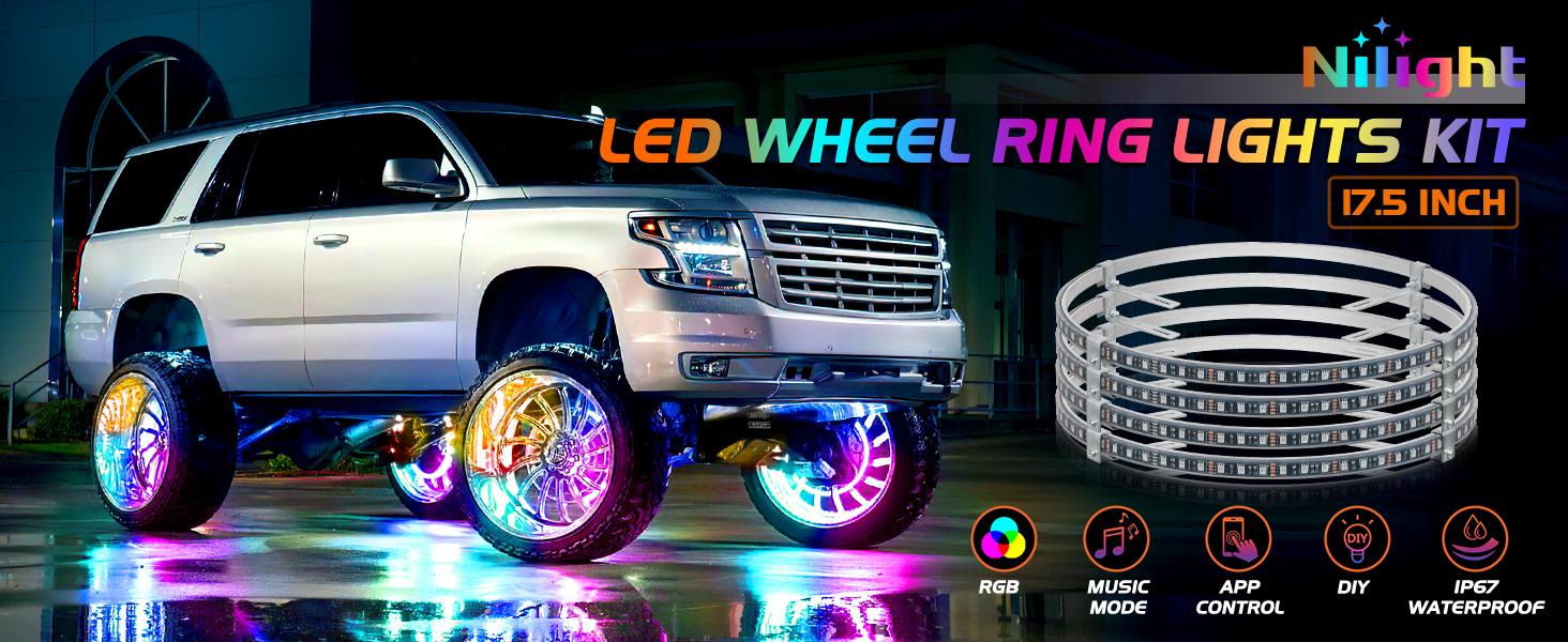 Nilight 4PCS 17.5inch LED Wheel Ring Lights RGB with APP and Remote Control Neon Wheel Rim Lights Million Colors w/Turn Signal and Braking Function for Car Van SUV Truck ledpanel car interior brake lights wheel lights sea light