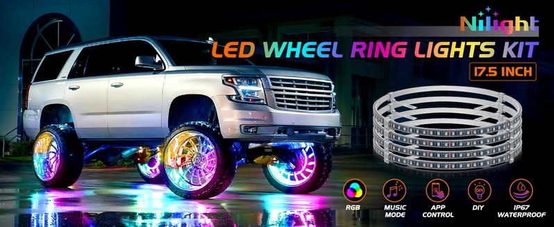 Nilight 4PCS 17.5inch LED Wheel Ring Lights RGB with APP and Remote Control Neon Wheel Rim Lights Million Colors w/Turn Signal and Braking Function for Car Van SUV Truck ledpanel car interior brake lights wheel lights sea light
