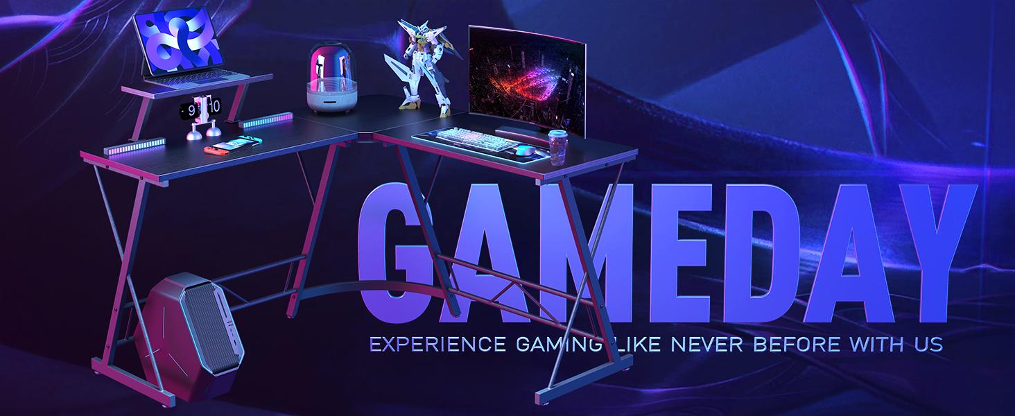 【Holiday Haul】Mr IRONSTONE L Shaped Gaming Desk with Led Lights Corner Computer Desk with Cup Holder and Headphone Hook, L shaped desk, Home Office Desks Writing Workstation with Large Monitor Stand, Easy to Assemble (Black,51 Inch)