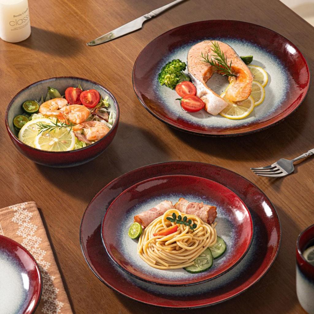 4/8-piece ceramic dinnerware set, Western style, suitable for 1-2 people, kiln-fired ceramic, ink-red, includes steak plate, salad bowl, cup, microwave-safe, machine-washable