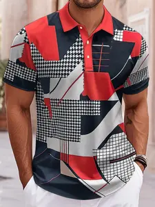 Men's Geometric Checkered Polo Shirt, Collar Design, Breathable Short Sleeve, Casual Loose Fit, Spring & Fall Fashion