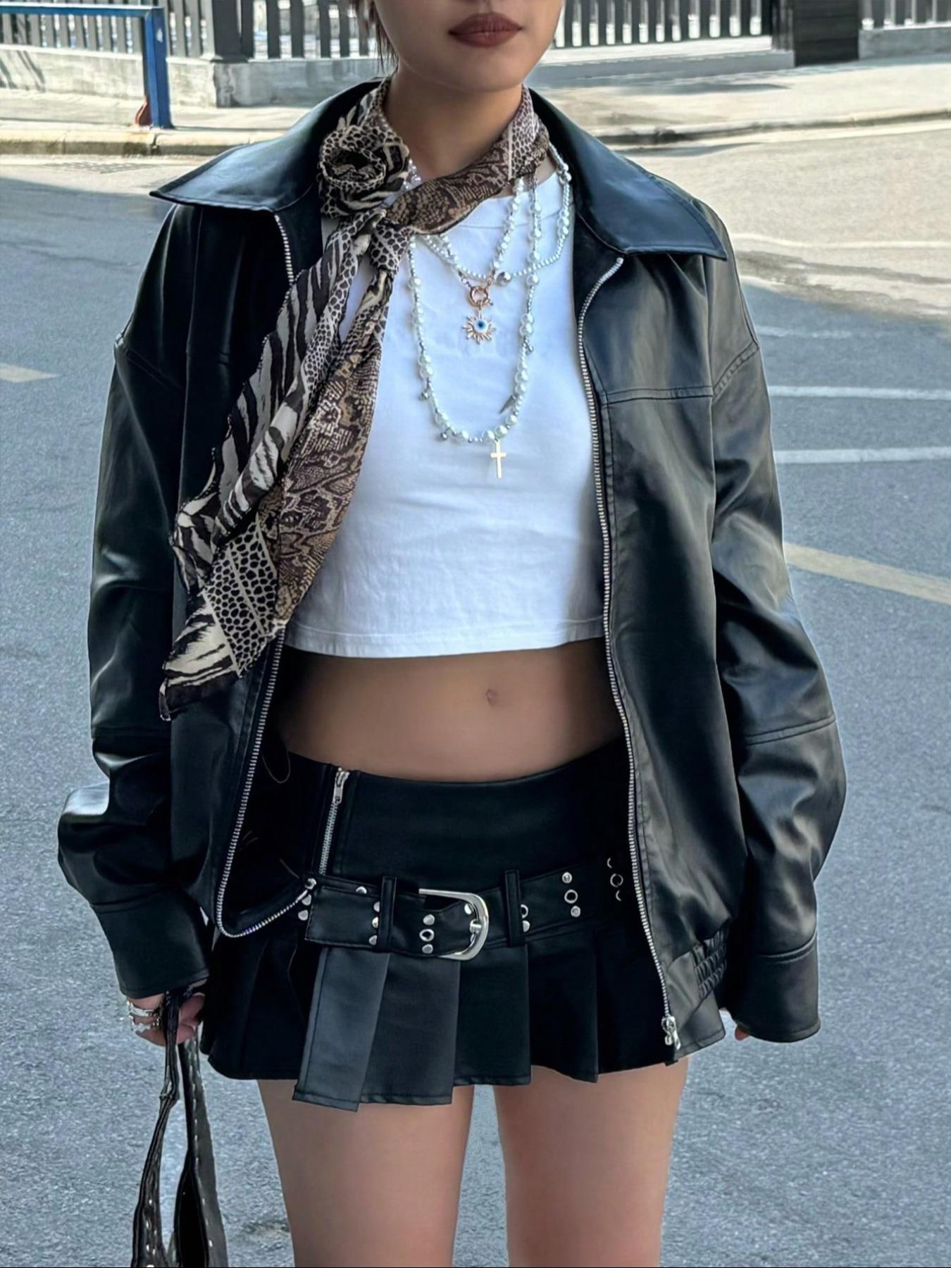 Women's Preppy Motorcycle Jacket, Casual Loose-Fit Long Sleeve PU Leather Jacket, Autumn/Winter Fashion Outerwear for Women, Coats