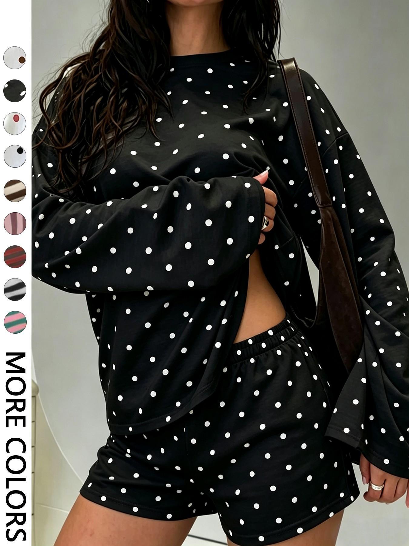 Valentine's Day Women's Casual Striped Long Sleeve Top & Shorts Set, Summer Matching Set, Loose Fit, All Season, Comfortable Travel Clothing for Daily Wear