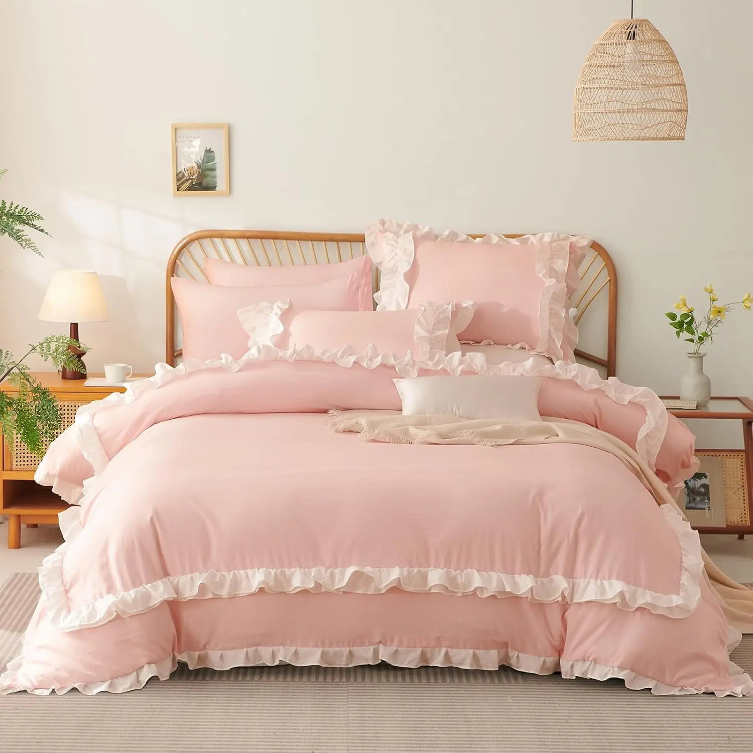 Queen Size Microfiber Soft Ruffles Bed Comforter Set, 3-Piece Bedding Set, Pink