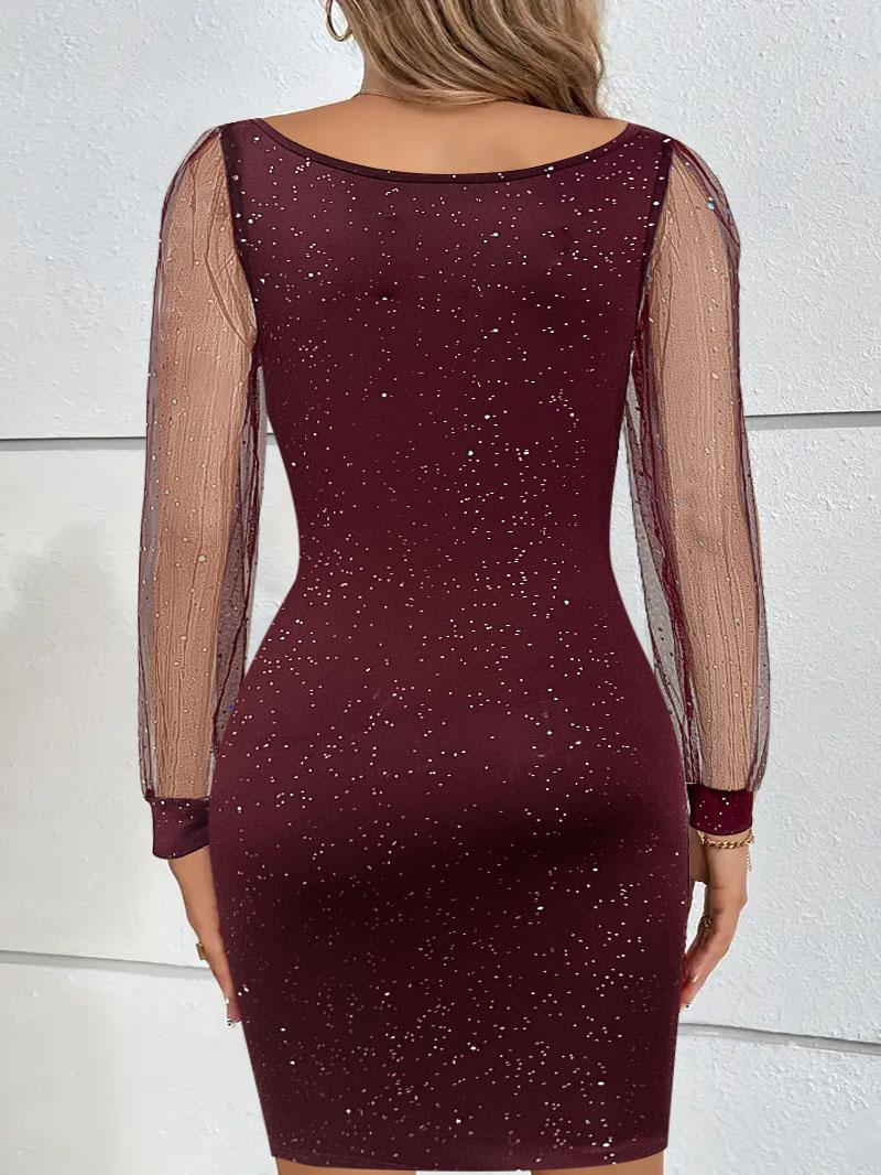Plus Size Round Neck Mesh Long Sleeve Bodycon Dress, Rhinestone Detail, Curvy Friendly Tight Dress