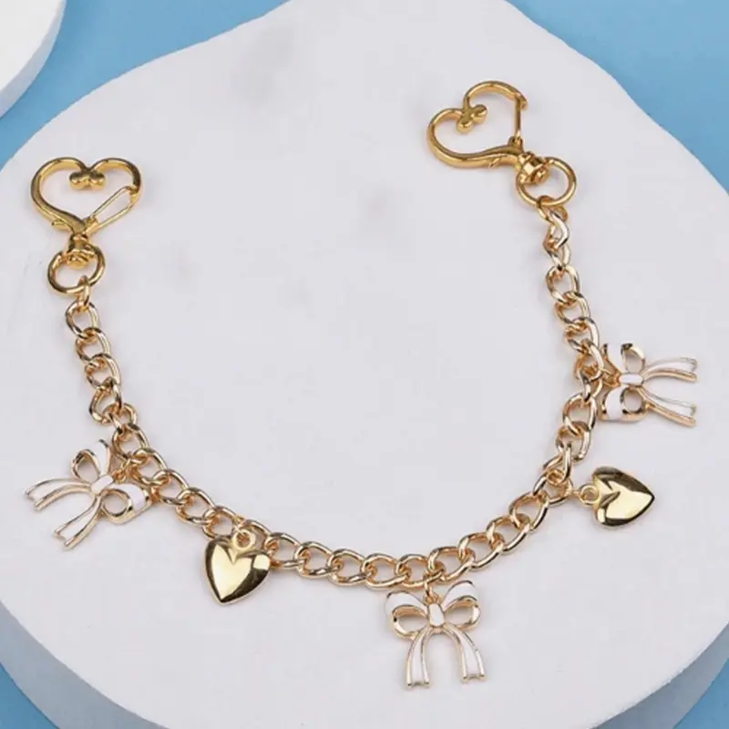 Gold Heart Bow Bag Charm Pendants, Enamel White Bow & Heart Charms Bag Chains, Heart-Shaped Lobster Clasp Bag Chain Accessories, Romantic Coquette Bag Decoration Keychain, Elegant Bag Pendant for Tote & Backpack, Christmas & Thanksgiving Gift for Women