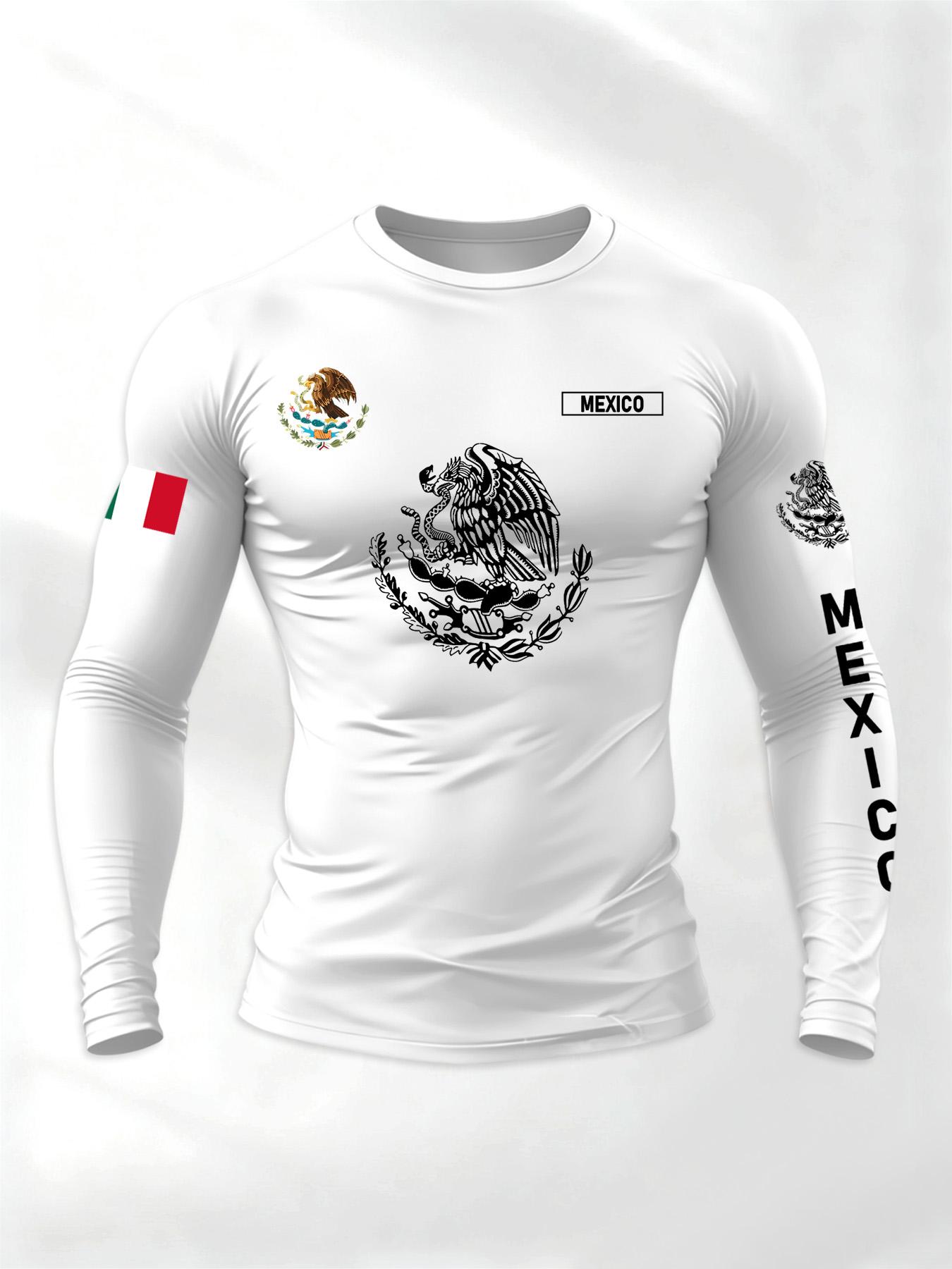 Men's Sporty Round Neck Long Sleeve T-Shirt for Spring & Fall, Athletic T Shirt, Mexican Eagle Snake Letter Pattern, Comfortable Streetwear