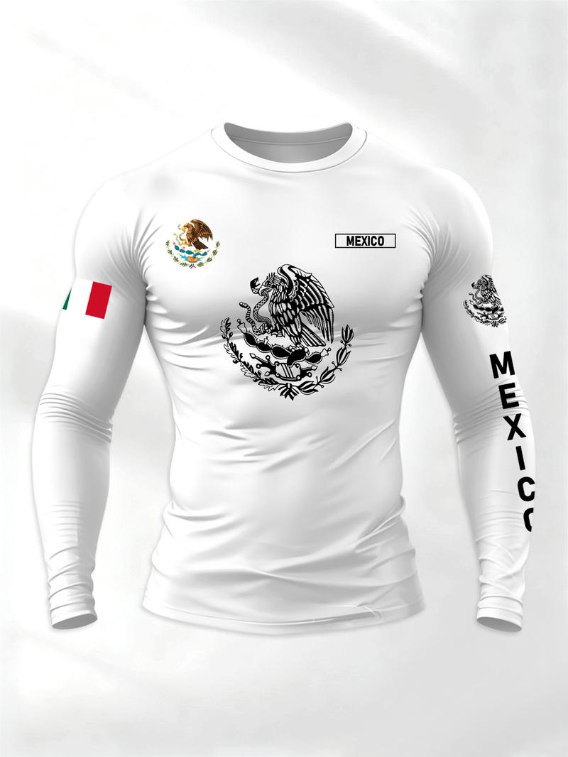 Men's Sporty Long Sleeve T-Shirt, Spring & Fall Fashion Round Neck, Mexican Eagle Snake Letter Pattern, Comfortable Streetwear, Athletic T Shirt