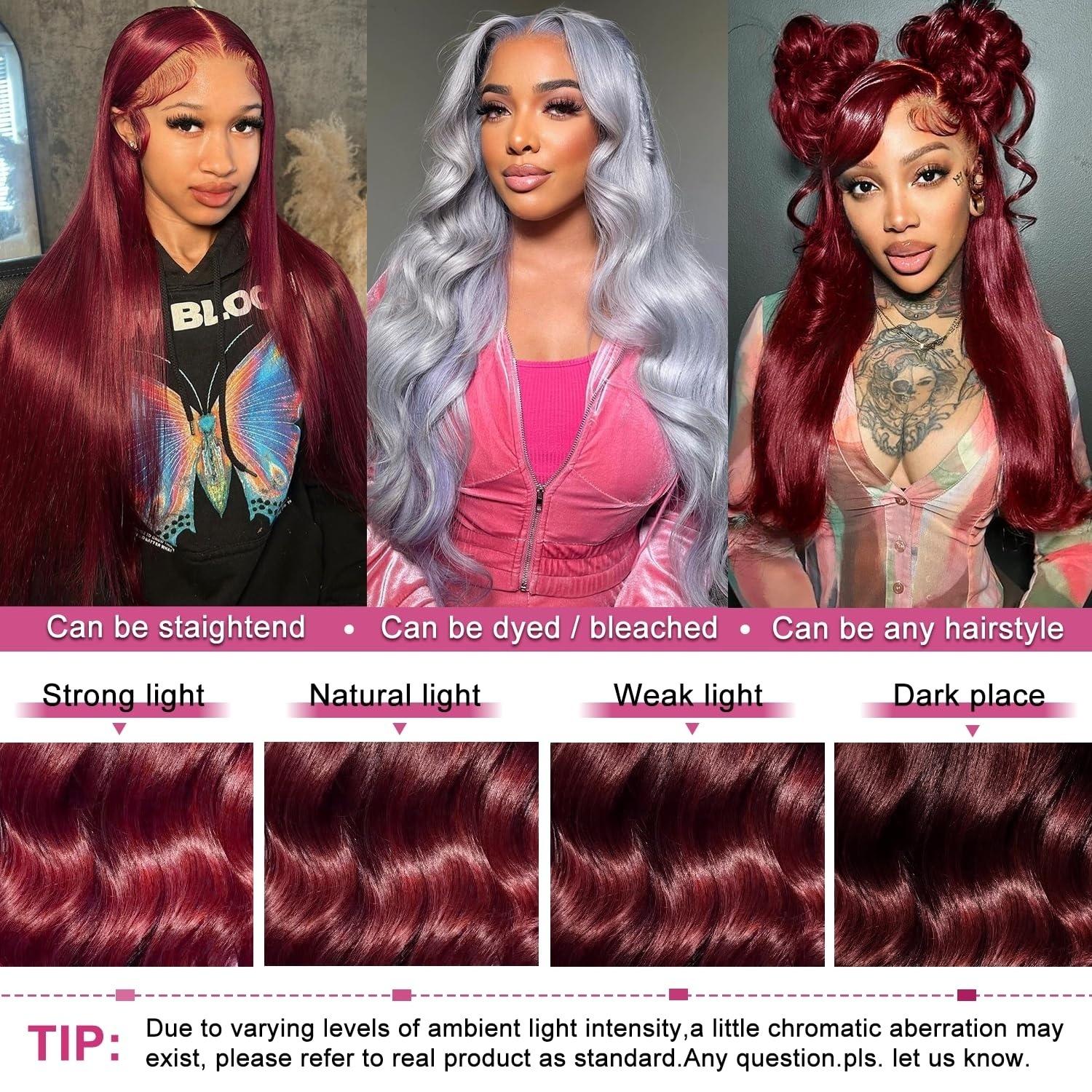 [BB Face] Burgundy 99J Lace Front Wig Straight 13x6 HD Lace Frontal Wig Human Hair For Women Pre Pluched Colored Lace Wig 180% Density