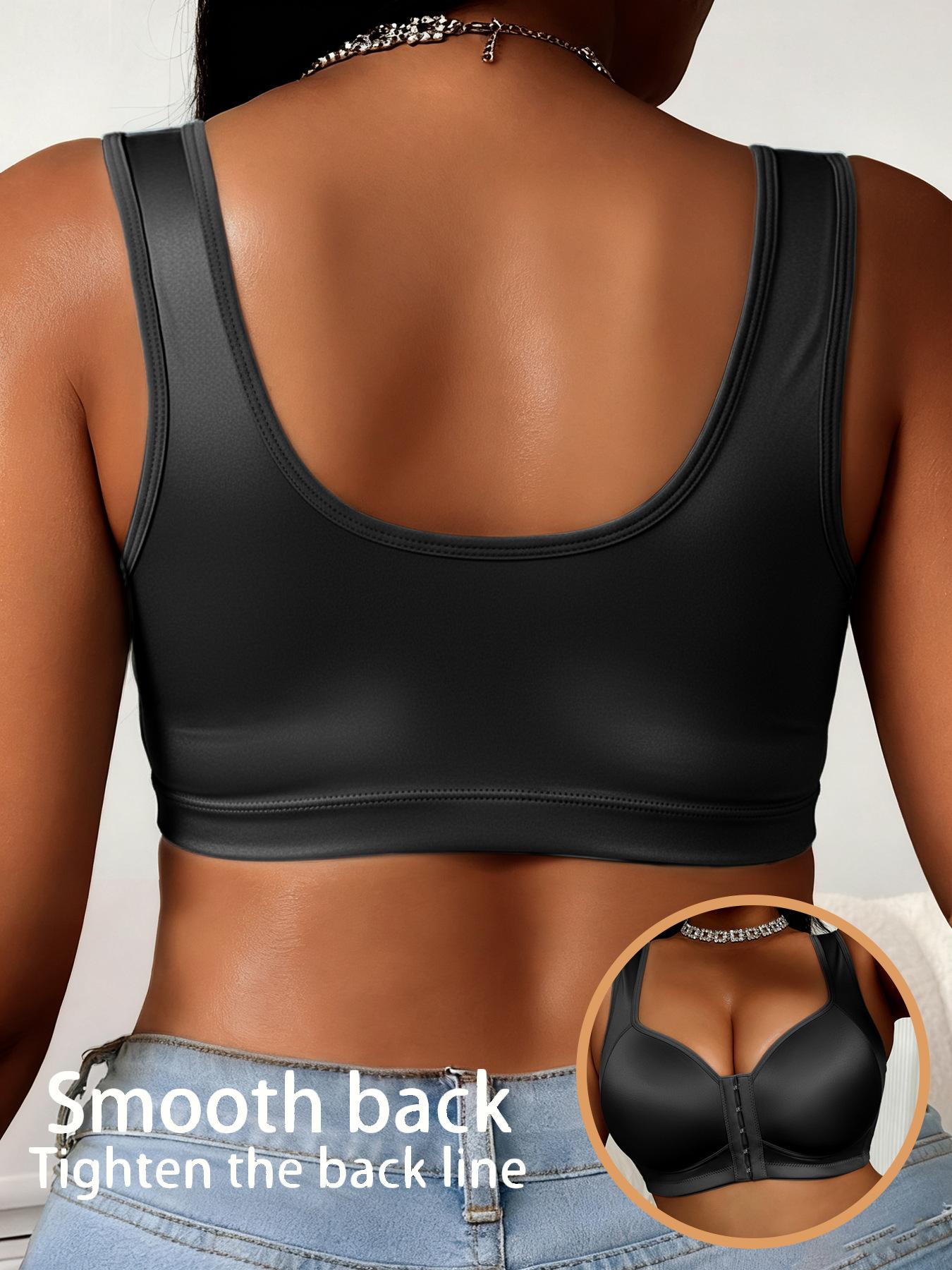Women's Front Snap Closure Sports Bra, No Underwire Gathered Lift Anti-Sag Plus Size Bras, Smooth Fabric Comfortable Support