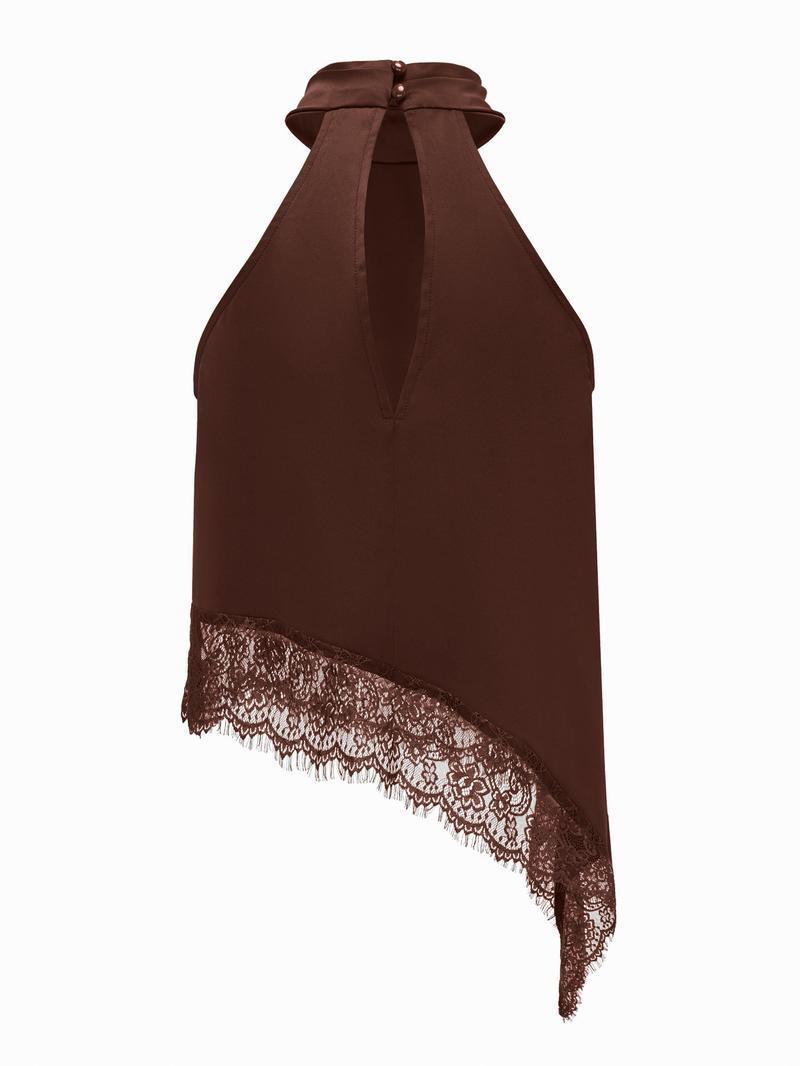 Elegant Asymmetric High Neck Satin Halter Top with Lace Trim, Sleeveless Design for Evening Parties and Formal Occasions