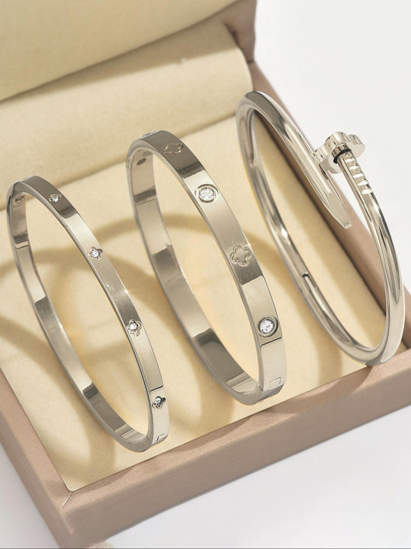 3 Pcs 18K Gold-Plated Stainless Steel High Quality Bracelet, Stackable Bracelets, Luxurious Cubic Zirconia Exquisite Trendy Bracelet, Suitable for Daily Wear and Women's Gatherings, Wedding Jewelry Gifts for Women and Girls