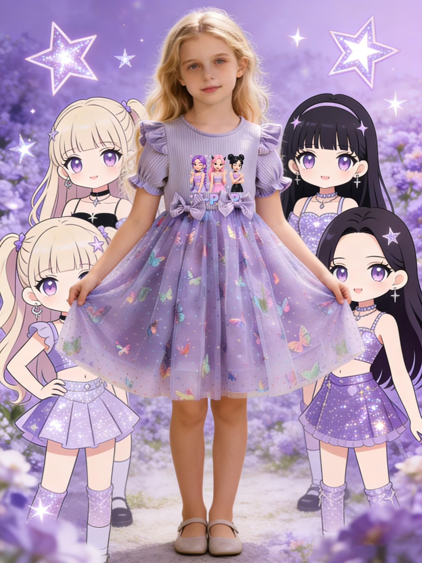 K-Pop Butterfly Child Princess Dress, Cute Fly Sleeve Bow Net Dress, Slim-Fitting Butterfly Pattern Dress for Girls