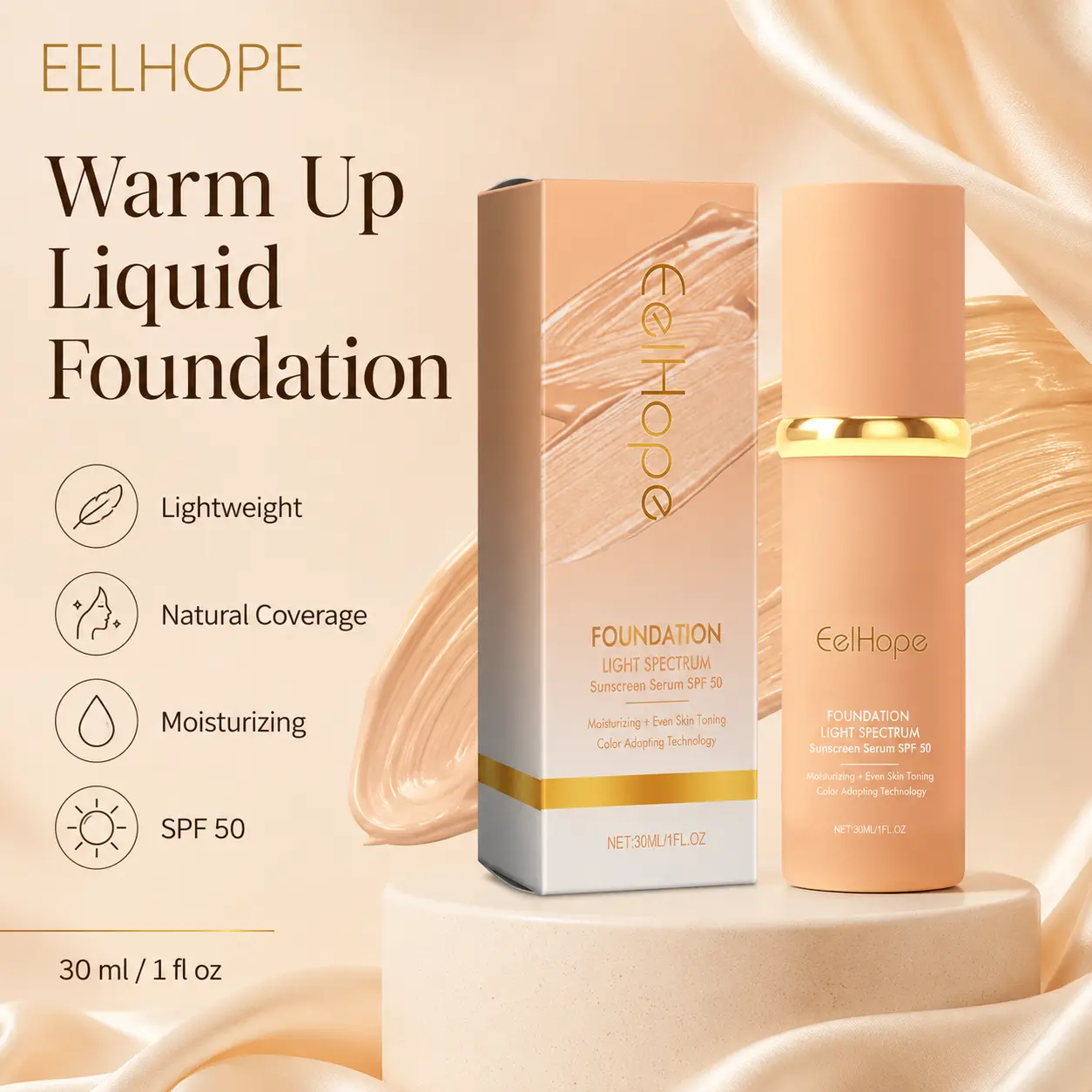 Eelhope Warm Up Liquid Foundation, Lightweight Moisturizing Face Makeup, Buildable Natural Coverage Foundation, Smooth Radiant Finish for Everyday Makeup, 30ml