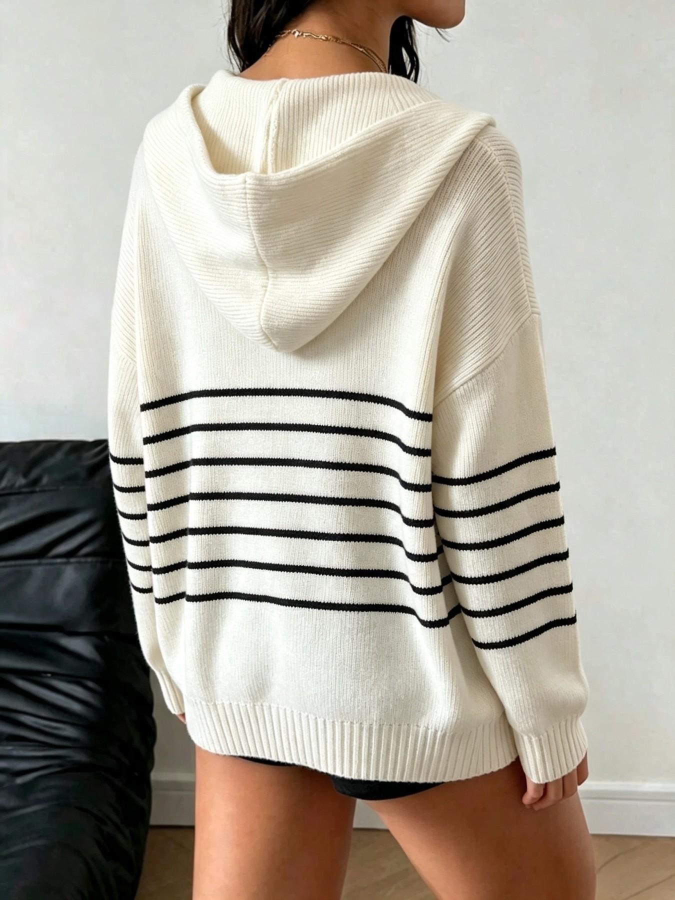 Autumn Winter Color-Block Striped Preppy Style Hooded Casual Loose Sweater Cardigan, Reversible Zipper Design, Women's Fashion Outerwear