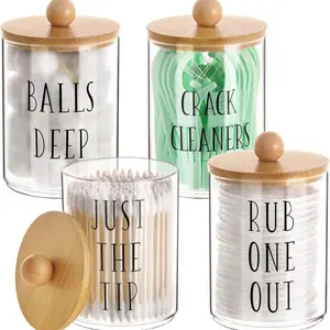 4 Pack Qtip Holder with Bamboo Lids, 10 oz Bathroom Organizer Accessories Storage Containers Clear Plastic Apothecary Jars for Cotton Ball, Cotton Swab, Floss