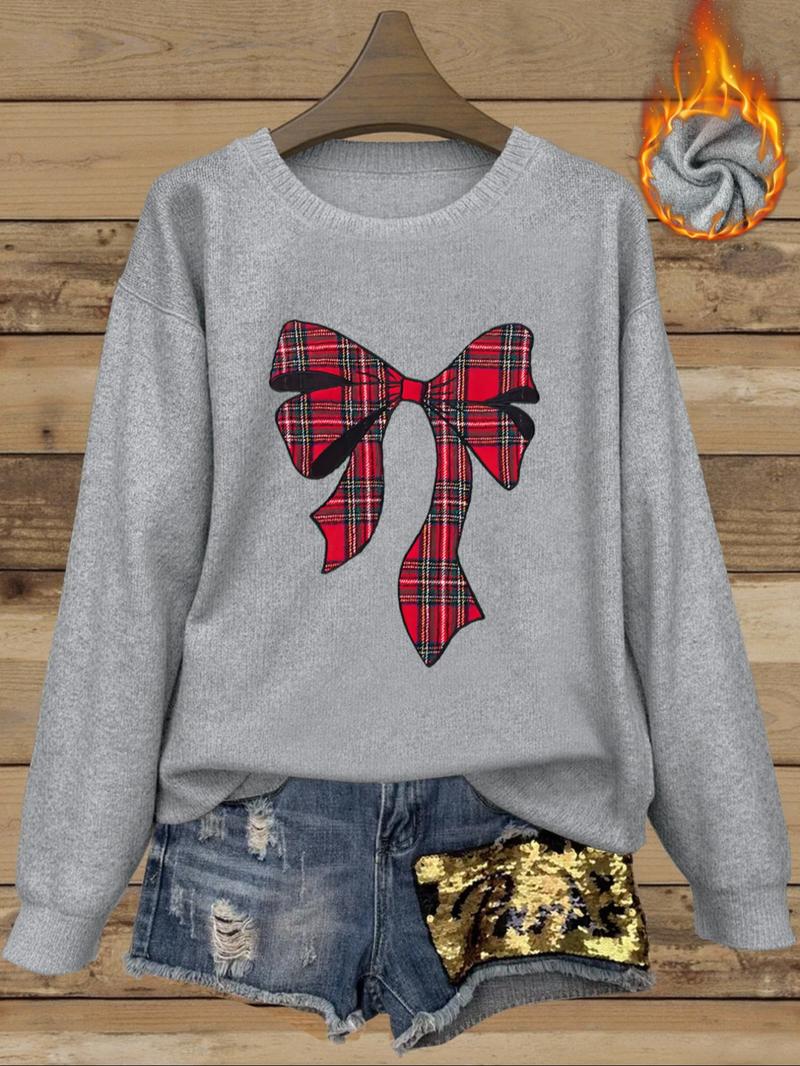 [Autumn and Winter] Red plaid bow print women's casual and fashionable round neck imitation wool top, pattern print comfortable round neck imitation wool top, suitable for autumn and winter season, a gift for mother