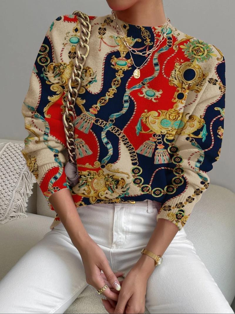 Women's Colorful Geometric Pattern Stand Collar Sweater, Fall Winter Casual Long Sleeve Knitwear, Comfortable Warm Daily Wear Women's Colorful Geometric Pattern Stand Collar Sweater, Fall Winter Casual Long Sleeve Knitwear, Comfortable Warm Daily Wear